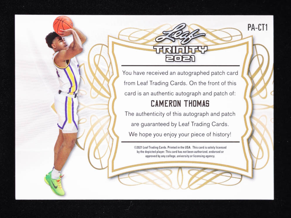 Cameron Thomas 2021 Leaf Trinity Patch Autographs Platinum Blue Spectrum #PACT1 RC #13/99 at PristineAuction.com Cameron Thomas 2021 Leaf Trinity Patch Autographs Platinum Blue Spectrum #PACT1 RC #13/99 at PristineAuction.com
