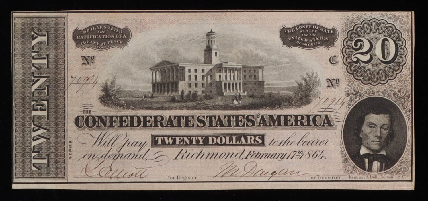 1864 Confederate States of America $20 Currency Note, 1st Series T-67 at PristineAuction.com 1864 Confederate States of America $20 Currency Note, 1st Series T-67 at PristineAuction.com