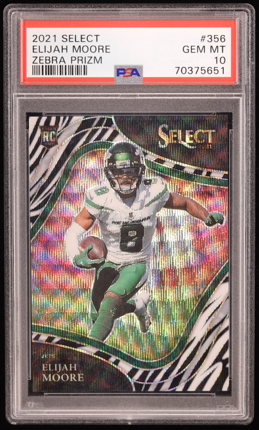 Elijah Moore 2021 Select Prizm Zebra #356 RC (PSA 10) at PristineAuction.com Elijah Moore 2021 Select Prizm Zebra #356 RC (PSA 10) at PristineAuction.com