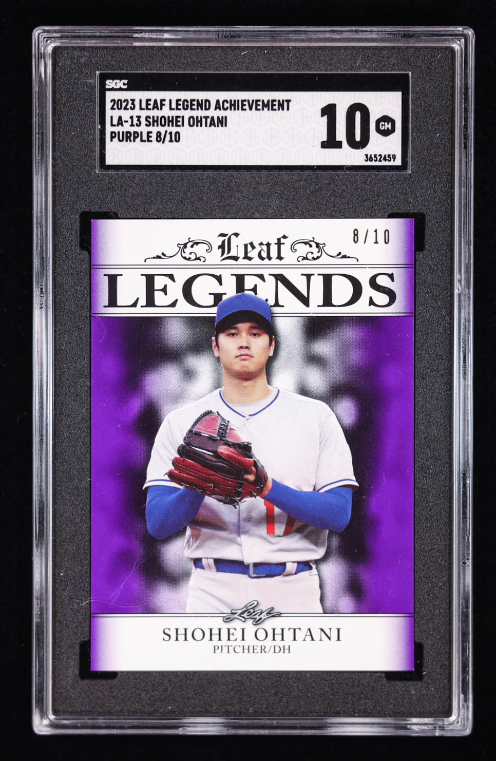 Shohei Ohtani 2023 Leaf Special Release Legends Achievement Purple #LA13 #8/10 (SGC 10) at PristineAuction.com Shohei Ohtani 2023 Leaf Special Release Legends Achievement Purple #LA13 #8/10 (SGC 10) at PristineAuction.com