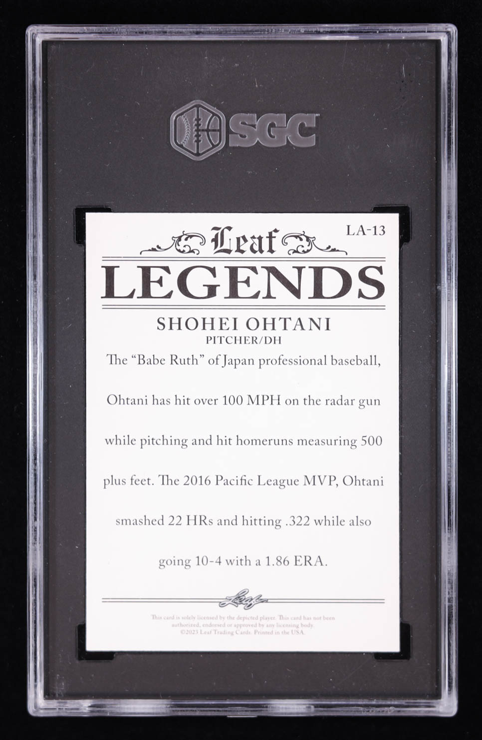 Shohei Ohtani 2023 Leaf Special Release Legends Achievement Purple #LA13 #8/10 (SGC 10) at PristineAuction.com Shohei Ohtani 2023 Leaf Special Release Legends Achievement Purple #LA13 #8/10 (SGC 10) at PristineAuction.com