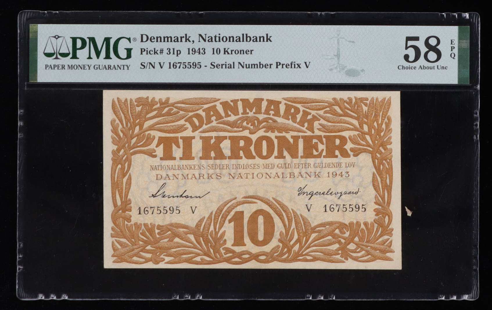 1943 Denmark, Nationalbank - 10 Kroner Currency Note (PMG Choice About Unc 58 EPQ) at PristineAuction.com 1943 Denmark, Nationalbank - 10 Kroner Currency Note (PMG Choice About Unc 58 EPQ) at PristineAuction.com