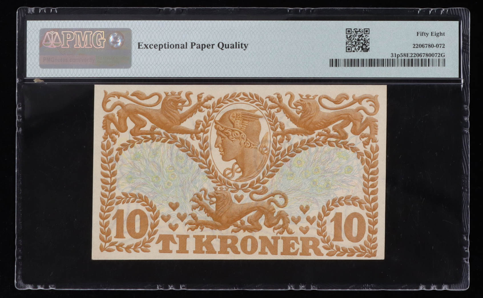 1943 Denmark, Nationalbank - 10 Kroner Currency Note (PMG Choice About Unc 58 EPQ) at PristineAuction.com 1943 Denmark, Nationalbank - 10 Kroner Currency Note (PMG Choice About Unc 58 EPQ) at PristineAuction.com