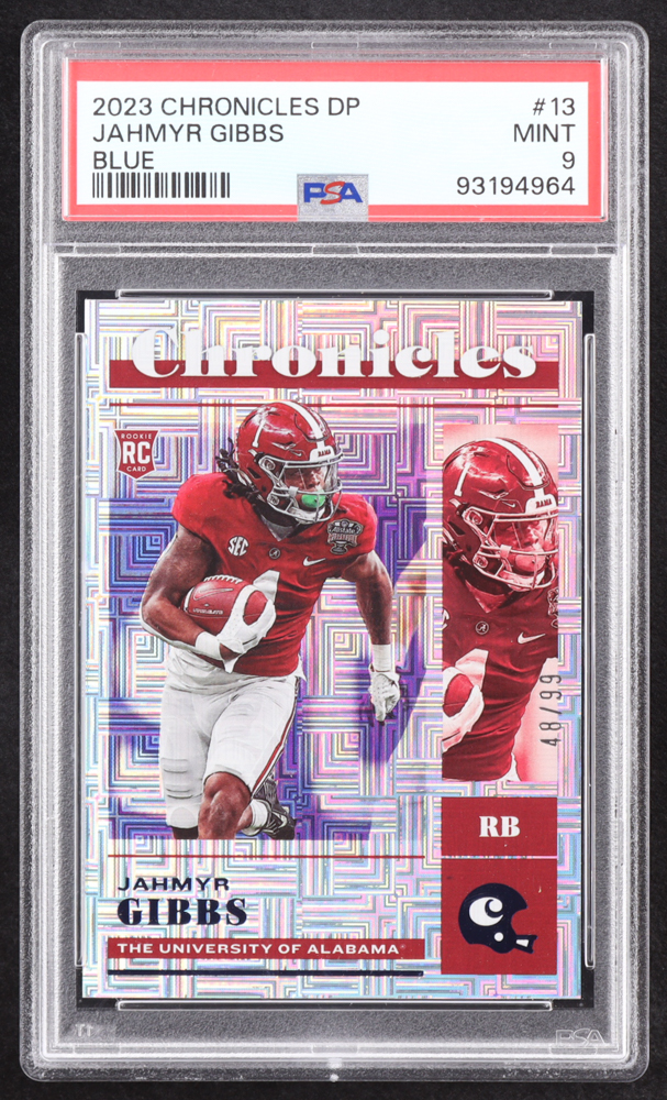 Jahmyr Gibbs 2023 Panini Chronicles Draft Picks Blue #13 RC #48/99 (PSA 9) at PristineAuction.com Jahmyr Gibbs 2023 Panini Chronicles Draft Picks Blue #13 RC #48/99 (PSA 9) at PristineAuction.com