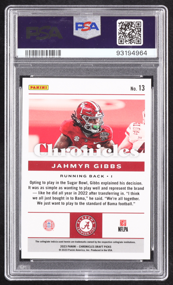 Jahmyr Gibbs 2023 Panini Chronicles Draft Picks Blue #13 RC #48/99 (PSA 9) at PristineAuction.com Jahmyr Gibbs 2023 Panini Chronicles Draft Picks Blue #13 RC #48/99 (PSA 9) at PristineAuction.com