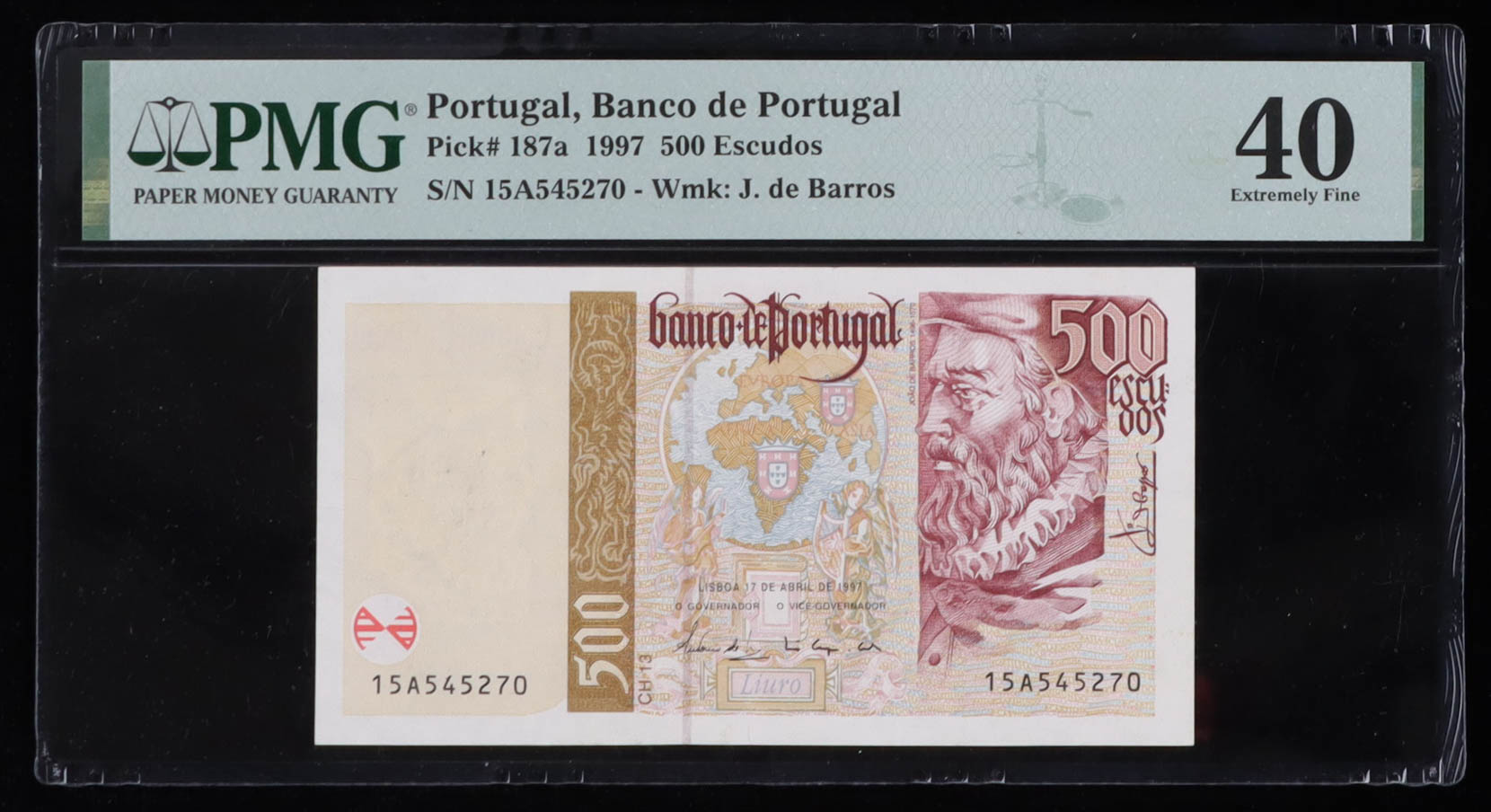 1997 Portugal, Banco de Portugal - 500 Escudos Currency Note (PMG Extremely Fine 40) at PristineAuction.com 1997 Portugal, Banco de Portugal - 500 Escudos Currency Note (PMG Extremely Fine 40) at PristineAuction.com