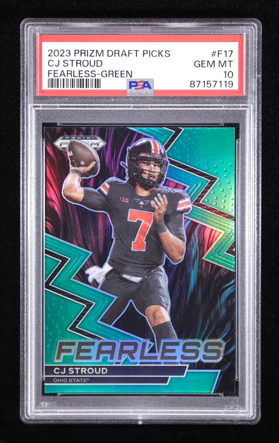 CJ Stroud 2023 Panini Prizm Draft Picks Fearless Green #17 RC (PSA 10) at PristineAuction.com CJ Stroud 2023 Panini Prizm Draft Picks Fearless Green #17 RC (PSA 10) at PristineAuction.com