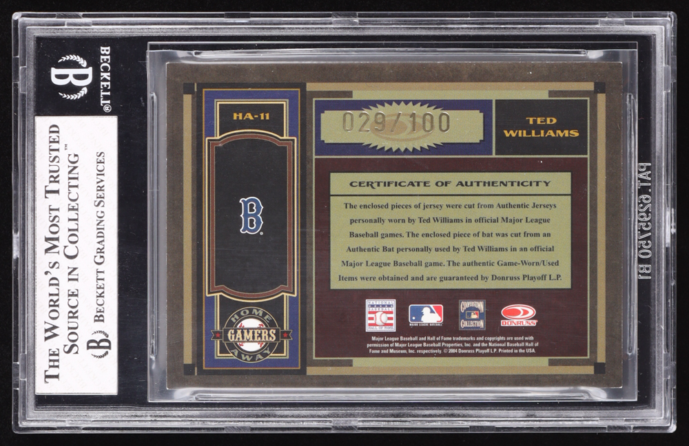 Ted Williams 2004 Timeless Treasures Home Away Gamers Combos #11 #029/100 (BGS 8) at PristineAuction.com Ted Williams 2004 Timeless Treasures Home Away Gamers Combos #11 #029/100 (BGS 8) at PristineAuction.com