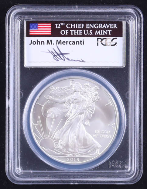2013 American Silver Eagle, First Strike - Hand-Signed by John M. Mercanti (PCGS MS69) at PristineAuction.com 2013 American Silver Eagle, First Strike - Hand-Signed by John M. Mercanti (PCGS MS69) at PristineAuction.com
