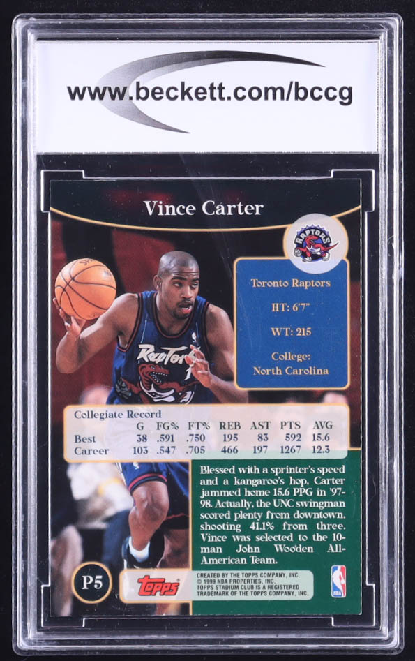 Vince Carter 1998-99 Stadium Club Prime Rookies #P5 RC (BCCG 10) at PristineAuction.com Vince Carter 1998-99 Stadium Club Prime Rookies #P5 RC (BCCG 10) at PristineAuction.com