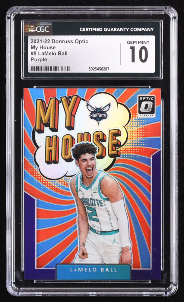 LaMelo Ball 2020-21 Donruss Optic My House Purple #8 RC (CGC 10) at PristineAuction.com LaMelo Ball 2020-21 Donruss Optic My House Purple #8 RC (CGC 10) at PristineAuction.com