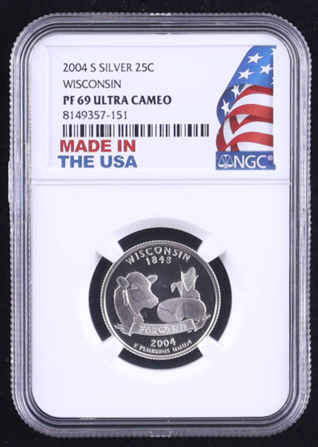 2004-S U.S. State Quarter Series - Wisconsin - 90% Silver Proof (NGC PF69 ULTRA CAMEO) at PristineAuction.com 2004-S U.S. State Quarter Series - Wisconsin - 90% Silver Proof (NGC PF69 ULTRA CAMEO) at PristineAuction.com