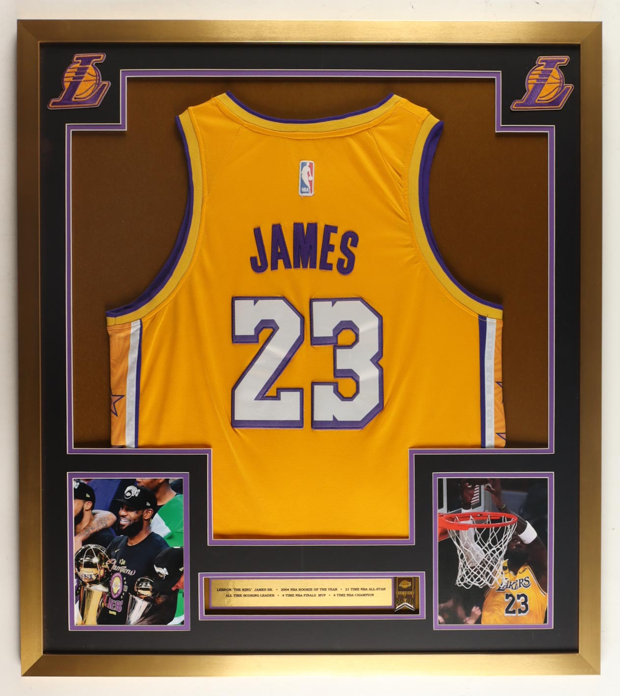 LeBron James Custom Framed Jersey Display With 2020 Championship Banner Pin & (2) Cloth Team Logo Patches at PristineAuction.com LeBron James Custom Framed Jersey Display With 2020 Championship Banner Pin & (2) Cloth Team Logo Patches at PristineAuction.com