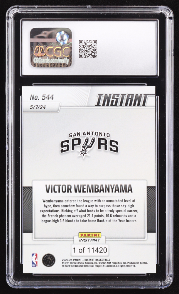 Victor Wembanyama 2023-24 Panini Instant #544 RC (CGC 10) at PristineAuction.com Victor Wembanyama 2023-24 Panini Instant #544 RC (CGC 10) at PristineAuction.com