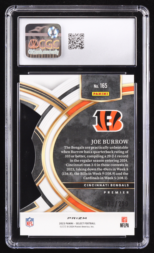 Joe Burrow 2023 Select Copper Die-Cut #165 #23/299 (CGC 10) at PristineAuction.com Joe Burrow 2023 Select Copper Die-Cut #165 #23/299 (CGC 10) at PristineAuction.com