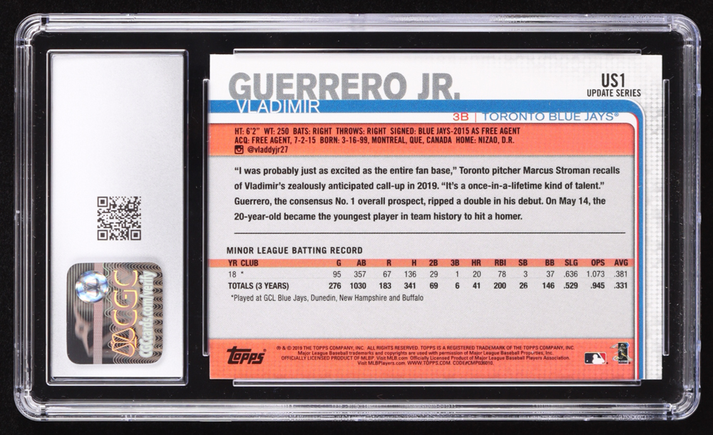 Vladimir Guerrero Jr. 2019 Topps Update #US1 RC (CGC 10) at PristineAuction.com Vladimir Guerrero Jr. 2019 Topps Update #US1 RC (CGC 10) at PristineAuction.com