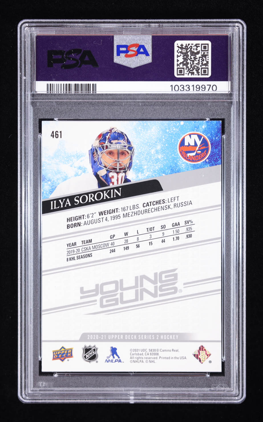 Ilya Sorokin Signed 2020 Upper Deck Young Guns #461 (PSA Auto Grade 9) at PristineAuction.com Ilya Sorokin Signed 2020 Upper Deck Young Guns #461 (PSA Auto Grade 9) at PristineAuction.com