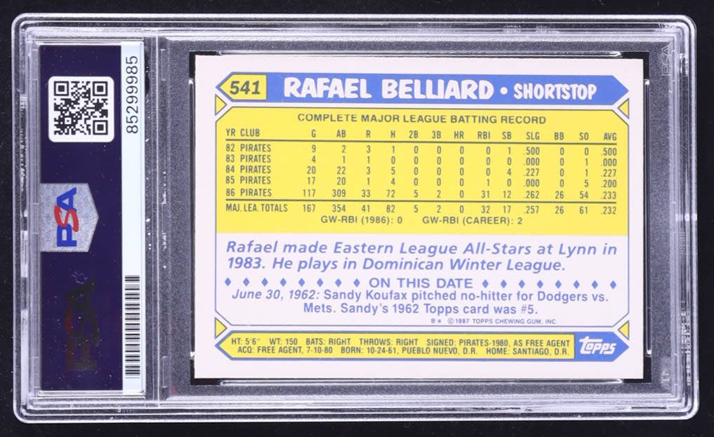Rafael Belliard Signed 1987 Topps Tiffany #541 RC (PSA) at PristineAuction.com Rafael Belliard Signed 1987 Topps Tiffany #541 RC (PSA) at PristineAuction.com