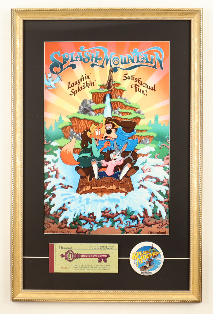 Disneyland "Splash Mountain" Custom Framed Poster Print Display With Park Ticket Booklet & Vintage Employee Ride Pin at PristineAuction.com Disneyland "Splash Mountain" Custom Framed Poster Print Display With Park Ticket Booklet & Vintage Employee Ride Pin at PristineAuction.com