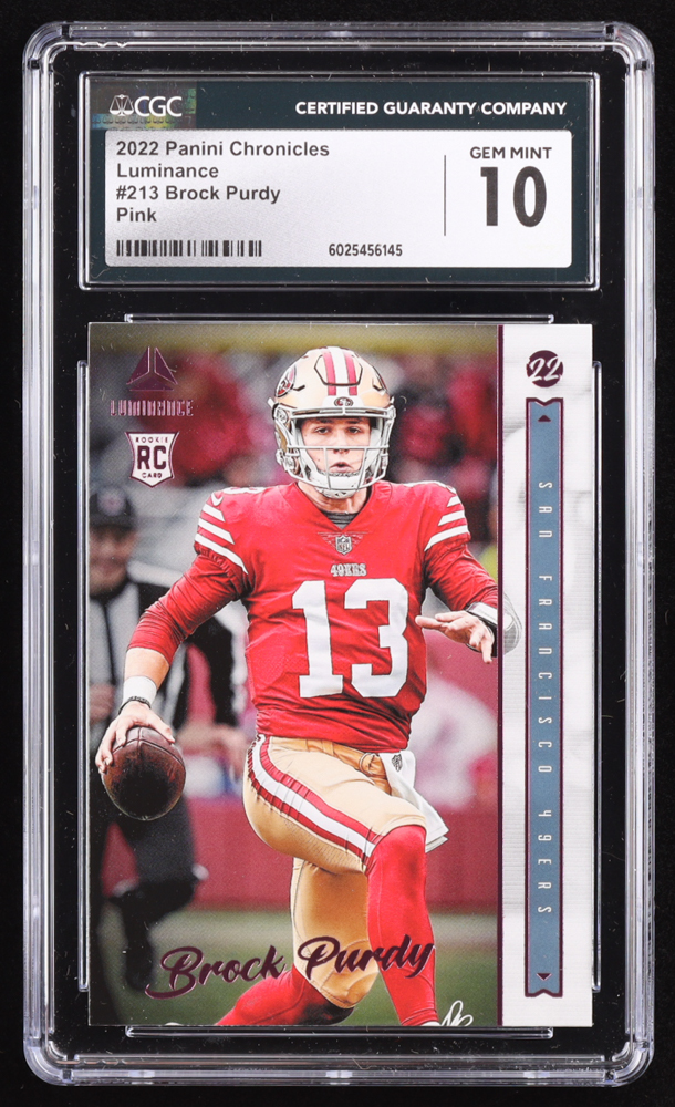 Brock Purdy 2022 Panini Chronicles Luminance Pink #213 RC (CGC 10) at PristineAuction.com Brock Purdy 2022 Panini Chronicles Luminance Pink #213 RC (CGC 10) at PristineAuction.com