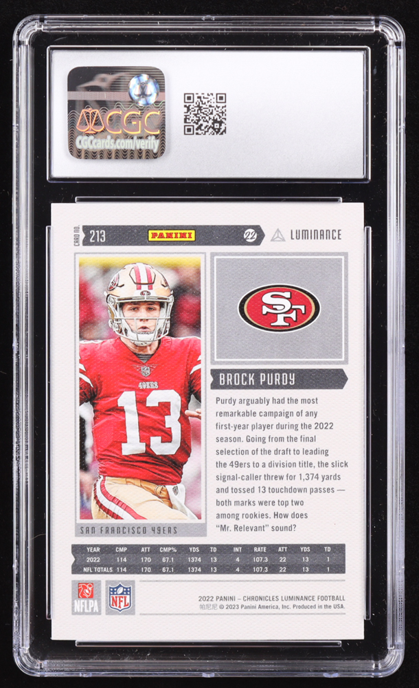 Brock Purdy 2022 Panini Chronicles Luminance Pink #213 RC (CGC 10) at PristineAuction.com Brock Purdy 2022 Panini Chronicles Luminance Pink #213 RC (CGC 10) at PristineAuction.com