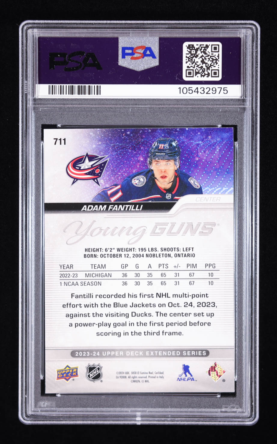 Adam Fantilli 2023 Upper Deck Young Guns #711 (PSA 10) at PristineAuction.com Adam Fantilli 2023 Upper Deck Young Guns #711 (PSA 10) at PristineAuction.com