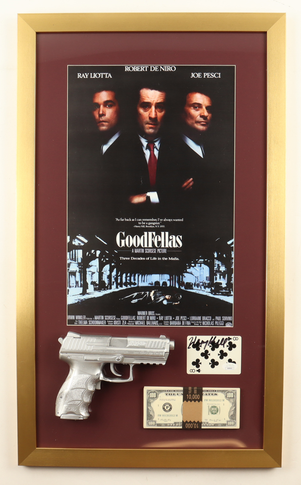 Henry Hill Signed "Goodfellas" Custom Framed Playing Card Display with Movie Poster Print, Prop Cash Stack & Replica Prop Pistol (JSA) at PristineAuction.com Henry Hill Signed "Goodfellas" Custom Framed Playing Card Display with Movie Poster Print, Prop Cash Stack & Replica Prop Pistol (JSA) at PristineAuction.com