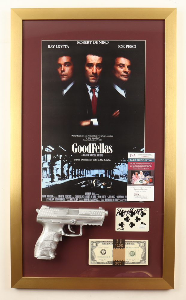 Henry Hill Signed "Goodfellas" Custom Framed Playing Card Display with Movie Poster Print, Prop Cash Stack & Replica Prop Pistol (JSA) at PristineAuction.com Henry Hill Signed "Goodfellas" Custom Framed Playing Card Display with Movie Poster Print, Prop Cash Stack & Replica Prop Pistol (JSA) at PristineAuction.com