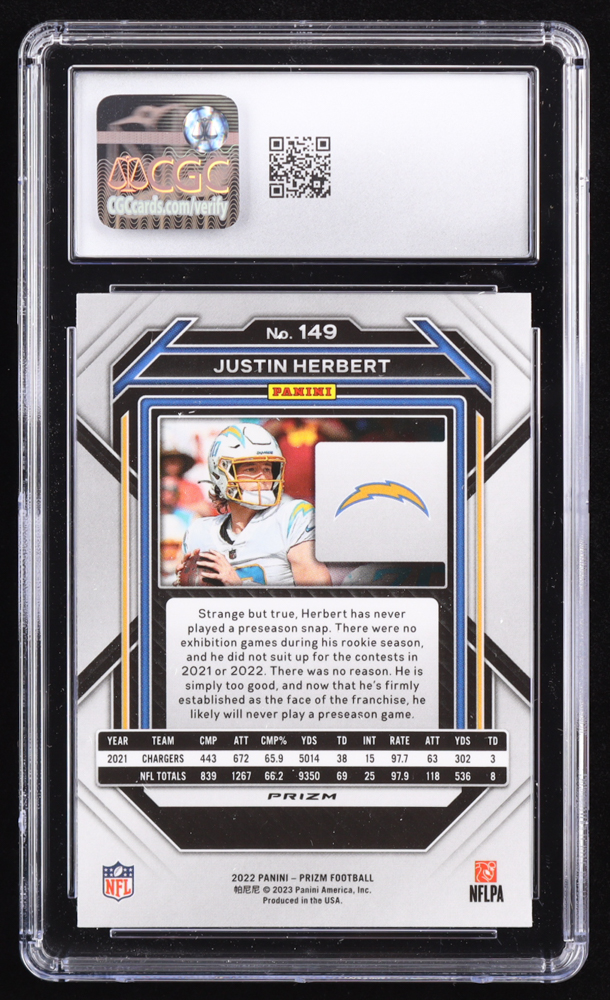 Justin Herbert 2022 Panini Prizm Red White & Blue #149 (CGC 10) at PristineAuction.com Justin Herbert 2022 Panini Prizm Red White & Blue #149 (CGC 10) at PristineAuction.com