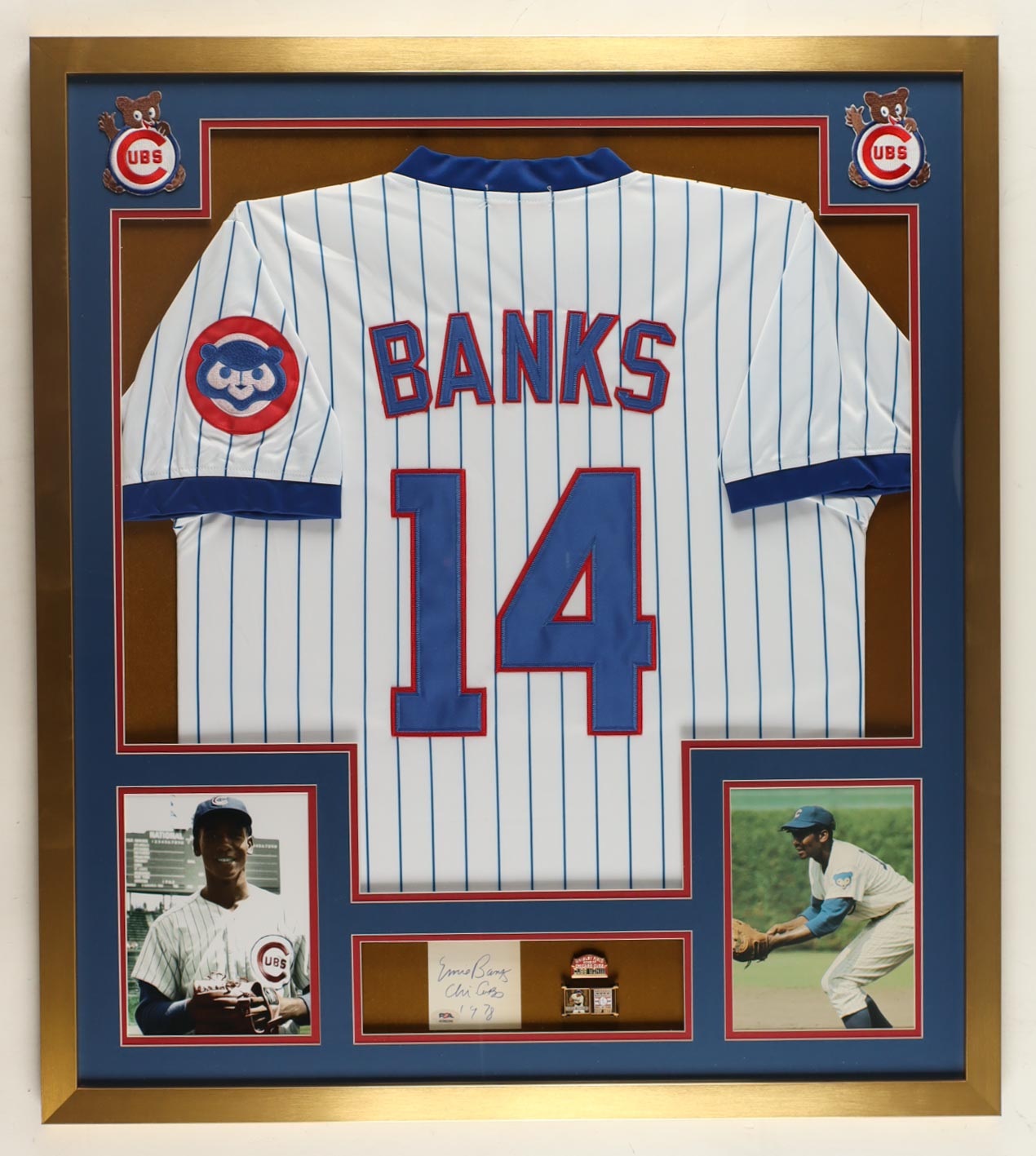 Ernie Banks Signed Cubs Custom Framed Cut Display Inscribed "Chi-Cubs 1978" With Jersey, Hall Of Fame Bronze Plaque & (2) Cloth Team Logo Patches (PSA) at PristineAuction.com Ernie Banks Signed Cubs Custom Framed Cut Display Inscribed "Chi-Cubs 1978" With Jersey, Hall Of Fame Bronze Plaque & (2) Cloth Team Logo Patches (PSA) at PristineAuction.com