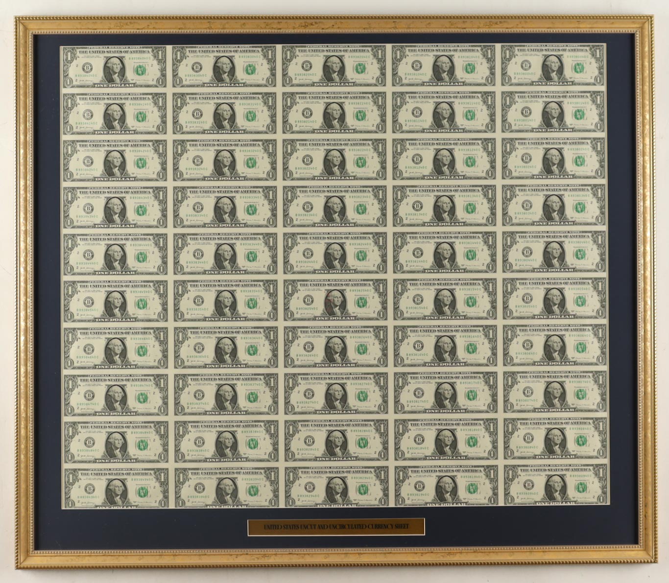 2017 U.S. $1 Dollar Bill Custom Framed Uncut Sheet Of (50) Bills at PristineAuction.com 2017 U.S. $1 Dollar Bill Custom Framed Uncut Sheet Of (50) Bills at PristineAuction.com