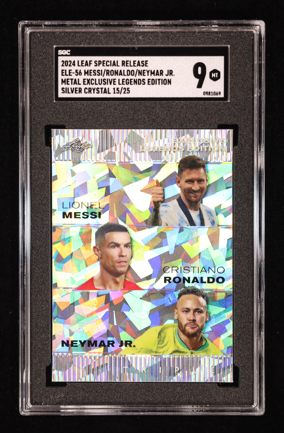 Lionel Messi / Cristiano Ronaldo / Neymar Jr. 2024 Leaf Special Release Exclusive Legends Edition Crystal Silver #ELE56 #15/25 (SGC 9) at PristineAuction.com Lionel Messi / Cristiano Ronaldo / Neymar Jr. 2024 Leaf Special Release Exclusive Legends Edition Crystal Silver #ELE56 #15/25 (SGC 9) at PristineAuction.com