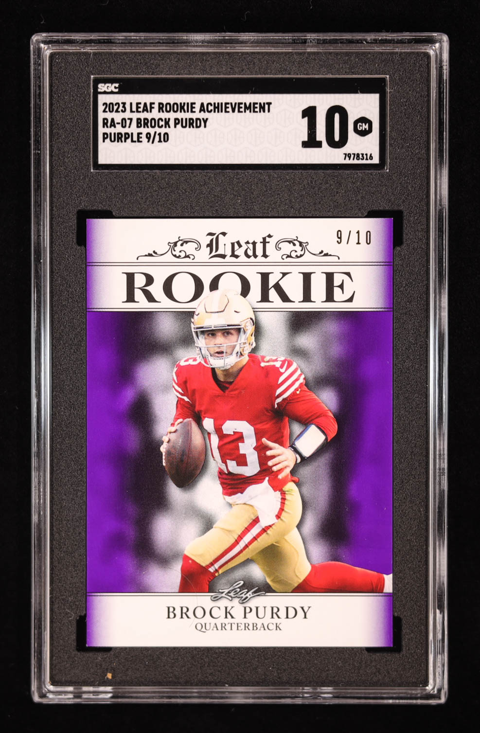 Brock Purdy 2023 Leaf Special Release Rookie Achievement Purple #RA07 #/10 (SGC 10) at PristineAuction.com Brock Purdy 2023 Leaf Special Release Rookie Achievement Purple #RA07 #/10 (SGC 10) at PristineAuction.com