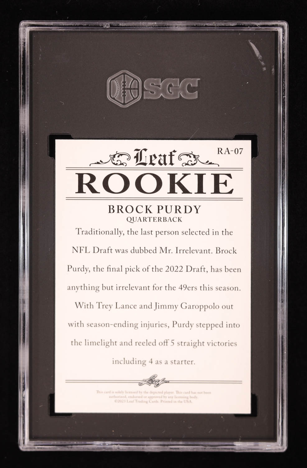 Brock Purdy 2023 Leaf Special Release Rookie Achievement Purple #RA07 #/10 (SGC 10) at PristineAuction.com Brock Purdy 2023 Leaf Special Release Rookie Achievement Purple #RA07 #/10 (SGC 10) at PristineAuction.com