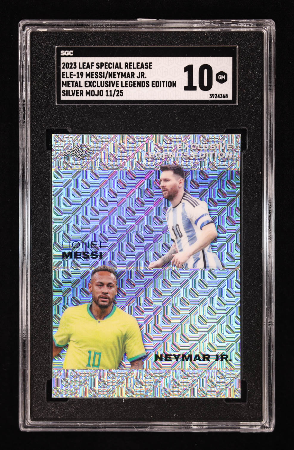 Lionel Messi / Neymar Jr. 2023 Leaf Special Release Exclusive Legends Edition Mojo Silver #ELE19 #/25 (SGC 10) at PristineAuction.com Lionel Messi / Neymar Jr. 2023 Leaf Special Release Exclusive Legends Edition Mojo Silver #ELE19 #/25 (SGC 10) at PristineAuction.com