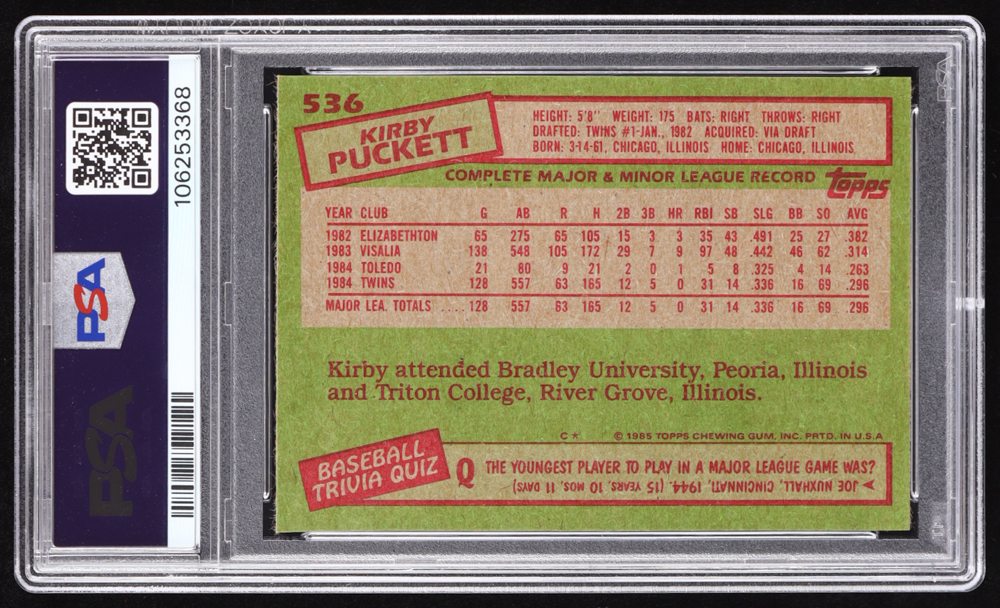 Kirby Puckett 1985 Topps #536 RC (PSA 9) at PristineAuction.com Kirby Puckett 1985 Topps #536 RC (PSA 9) at PristineAuction.com