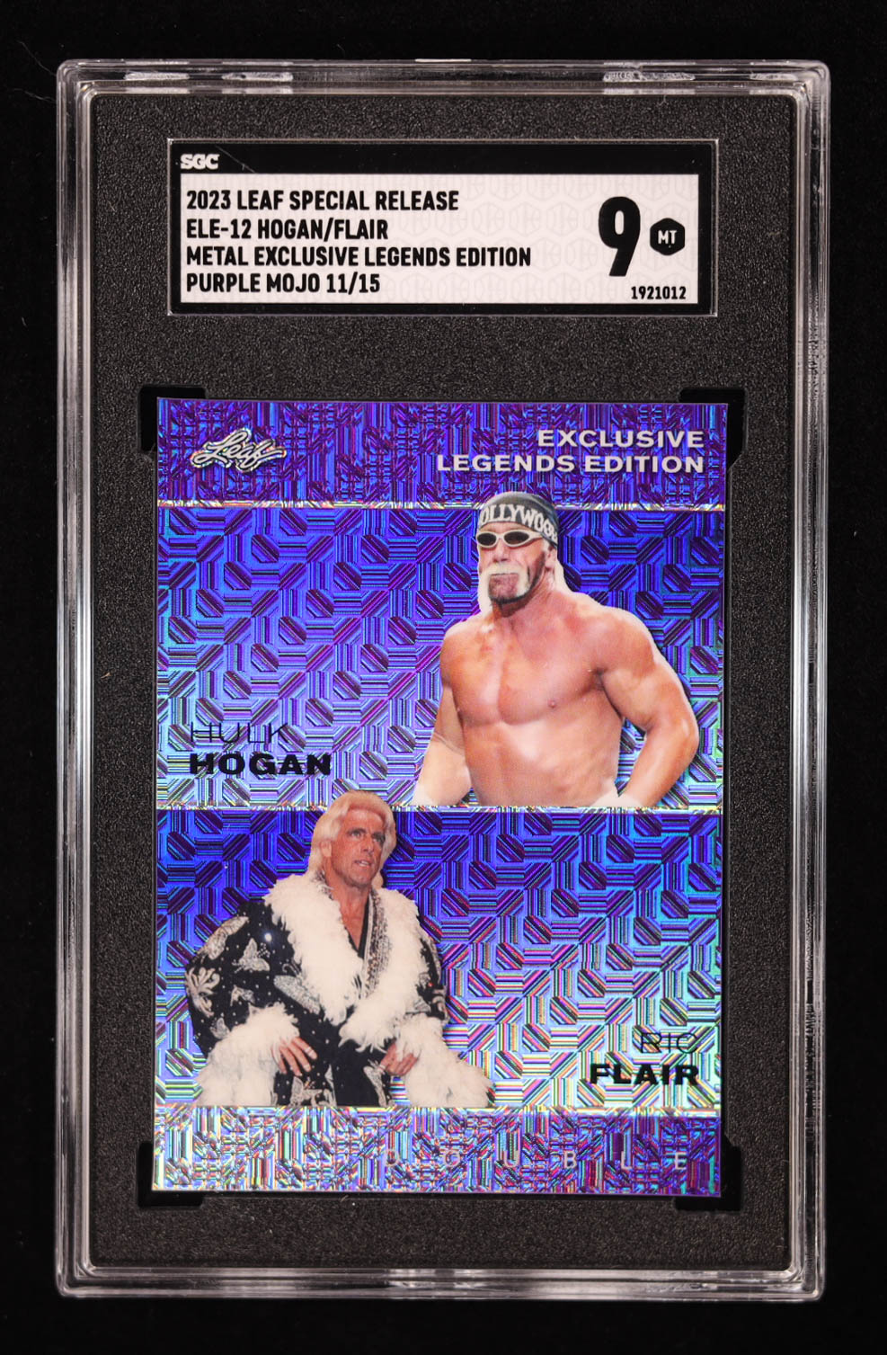 Hulk Hogan / Ric Flair 2023 Leaf Metal Special Release Exclusive Legends Edition Mojo Purple #ELE12 #/15 (SGC 9) at PristineAuction.com Hulk Hogan / Ric Flair 2023 Leaf Metal Special Release Exclusive Legends Edition Mojo Purple #ELE12 #/15 (SGC 9) at PristineAuction.com
