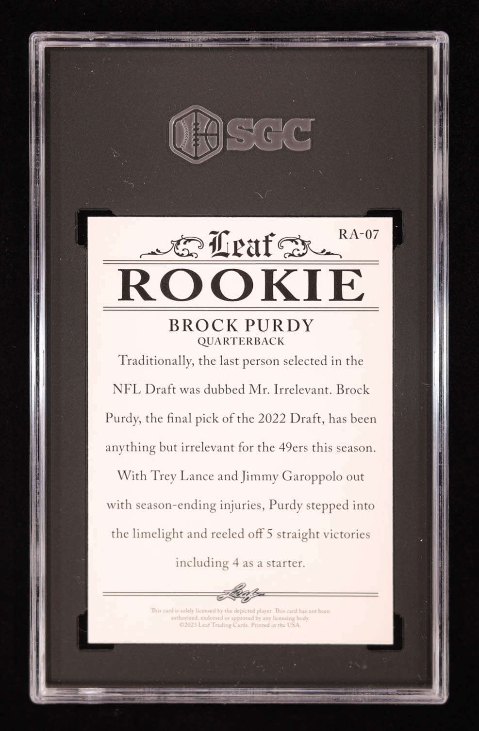 Brock Purdy 2023 Leaf Special Release Rookie Achievement Gold #RA07 #/25 (SGC 9.5) at PristineAuction.com Brock Purdy 2023 Leaf Special Release Rookie Achievement Gold #RA07 #/25 (SGC 9.5) at PristineAuction.com