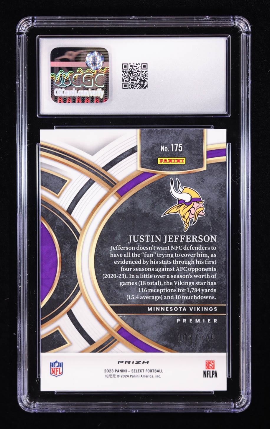 Justin Jefferson 2023 Select Blue #175 #3/149 (CGC 10) at PristineAuction.com Justin Jefferson 2023 Select Blue #175 #3/149 (CGC 10) at PristineAuction.com