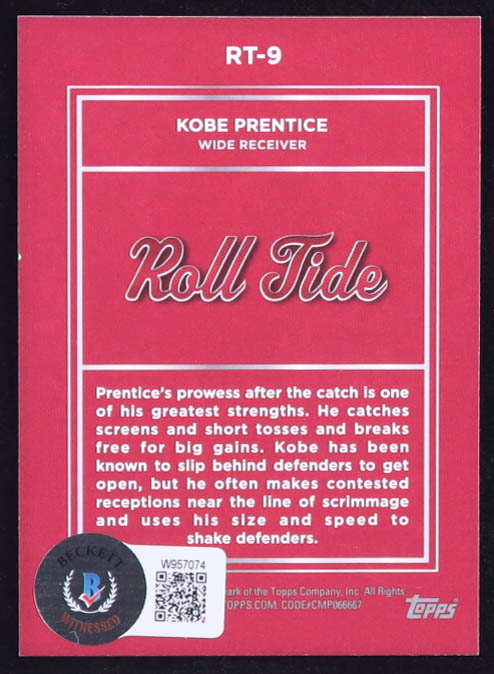 Kobe Prentice Signed 2023 Bowman University Alabama Roll Tide #RT9 RC (Beckett) at PristineAuction.com Kobe Prentice Signed 2023 Bowman University Alabama Roll Tide #RT9 RC (Beckett) at PristineAuction.com