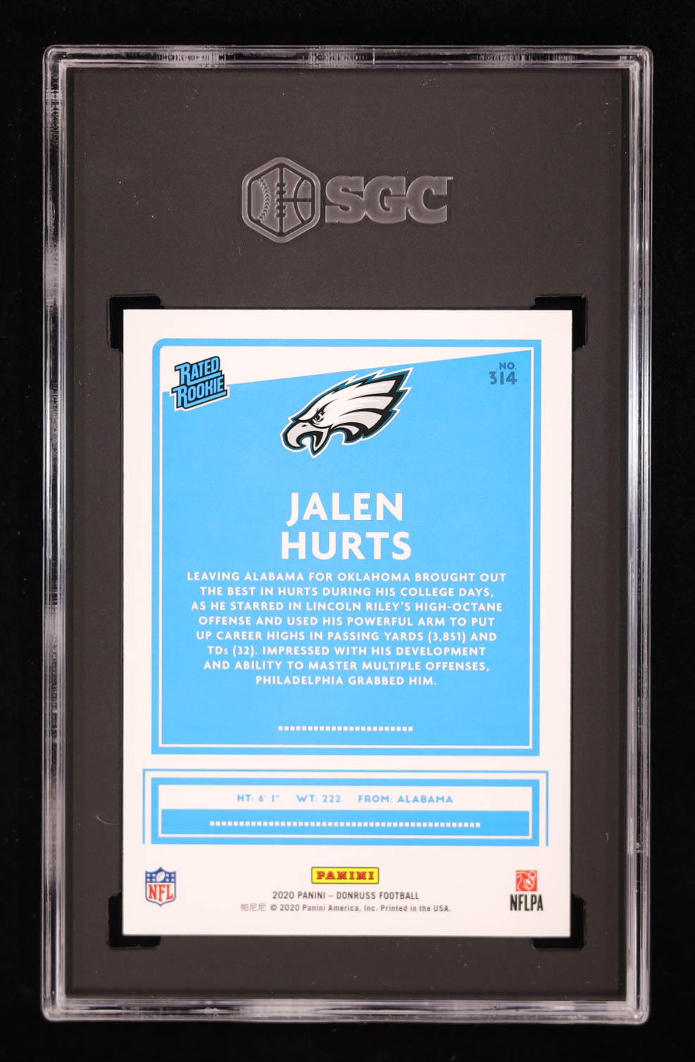 Jalen Hurts 2020 Donruss #314 RR RC (SGC 10) at PristineAuction.com Jalen Hurts 2020 Donruss #314 RR RC (SGC 10) at PristineAuction.com