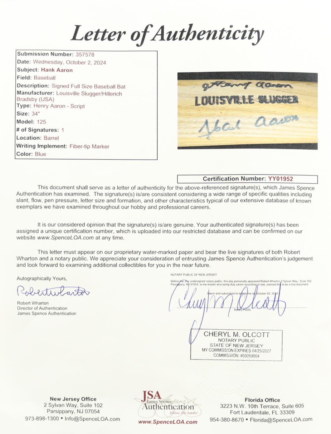 Hank Aaron Signed Louisville Slugger Hillerich & Bradsby Baseball Bat (JSA) at PristineAuction.com Hank Aaron Signed Louisville Slugger Hillerich & Bradsby Baseball Bat (JSA) at PristineAuction.com