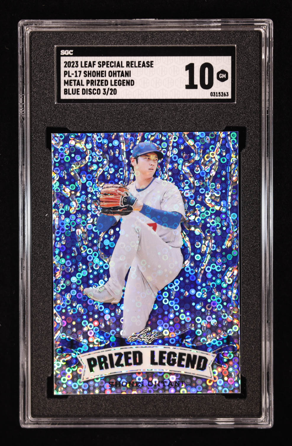 Shohei Ohtani 2023 Leaf Metal Special Release Prized Legend Disco Blue #PL17 #/20 (SGC 10) at PristineAuction.com Shohei Ohtani 2023 Leaf Metal Special Release Prized Legend Disco Blue #PL17 #/20 (SGC 10) at PristineAuction.com
