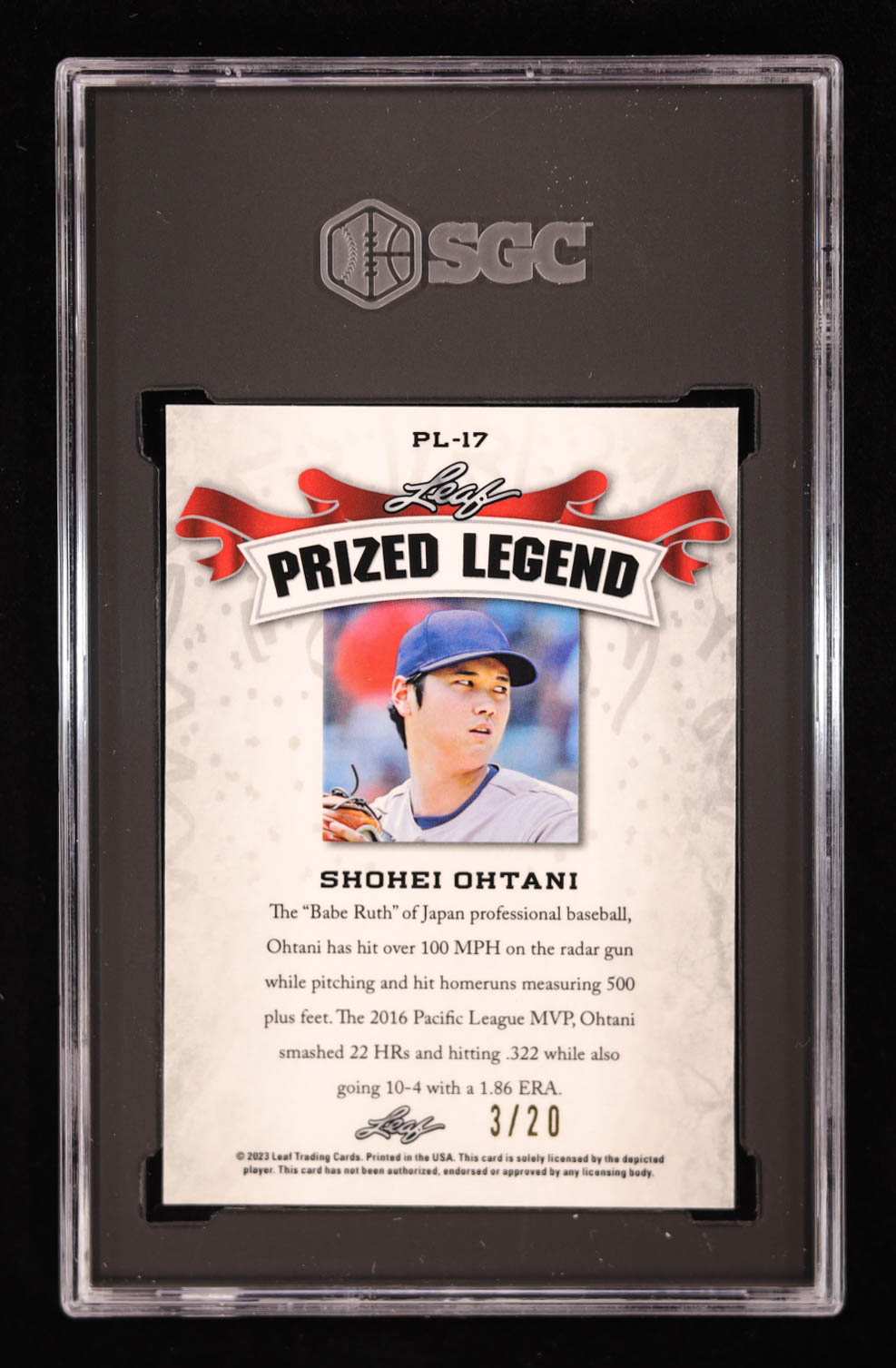 Shohei Ohtani 2023 Leaf Metal Special Release Prized Legend Disco Blue #PL17 #/20 (SGC 10) at PristineAuction.com Shohei Ohtani 2023 Leaf Metal Special Release Prized Legend Disco Blue #PL17 #/20 (SGC 10) at PristineAuction.com