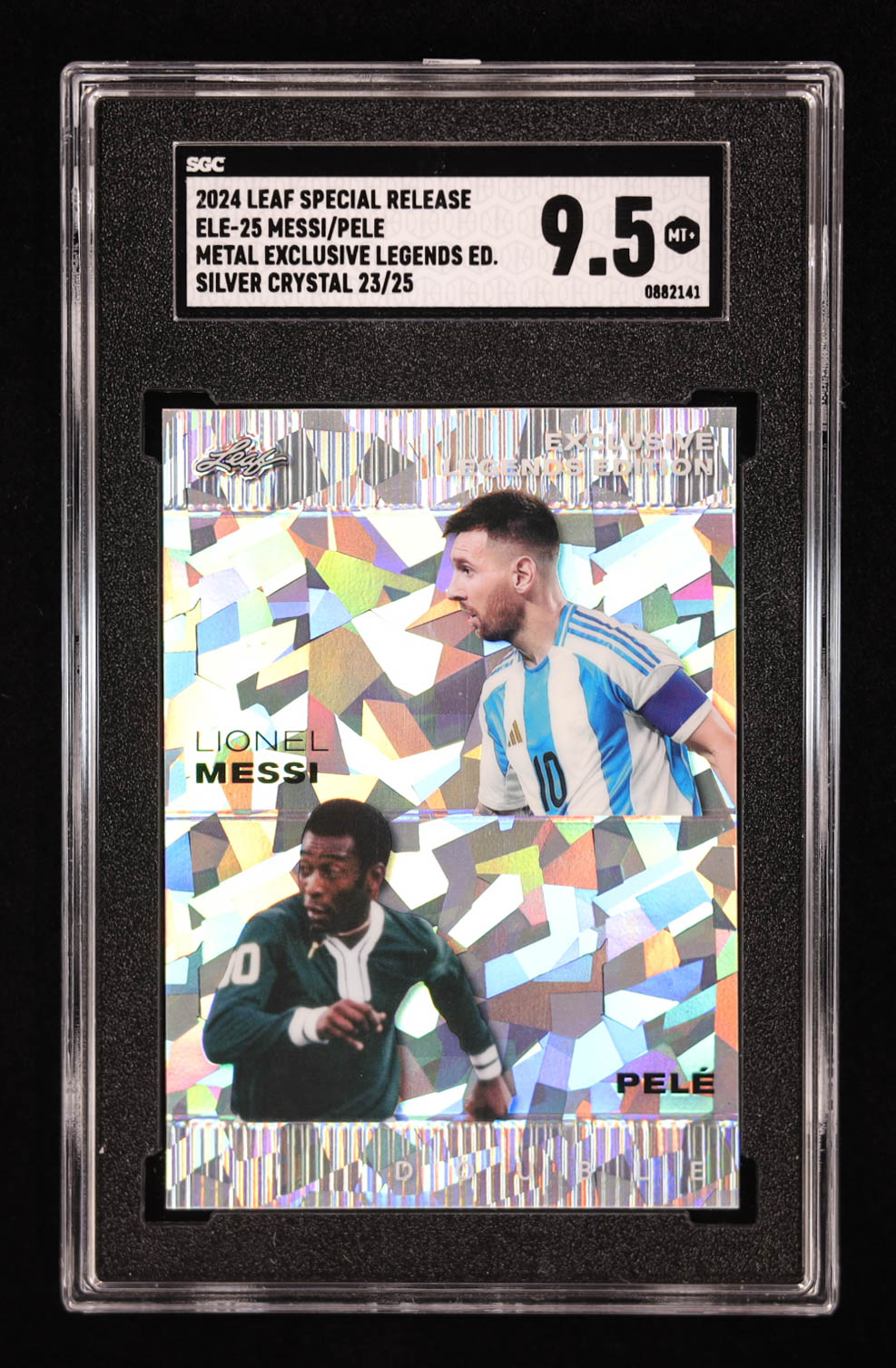 Lionel Messi / Pele 2024 Leaf Metal Special Release Exclusive Legends Edition Crystal Silver #ELE25 #23/25 (SGC 9.5) at PristineAuction.com Lionel Messi / Pele 2024 Leaf Metal Special Release Exclusive Legends Edition Crystal Silver #ELE25 #23/25 (SGC 9.5) at PristineAuction.com