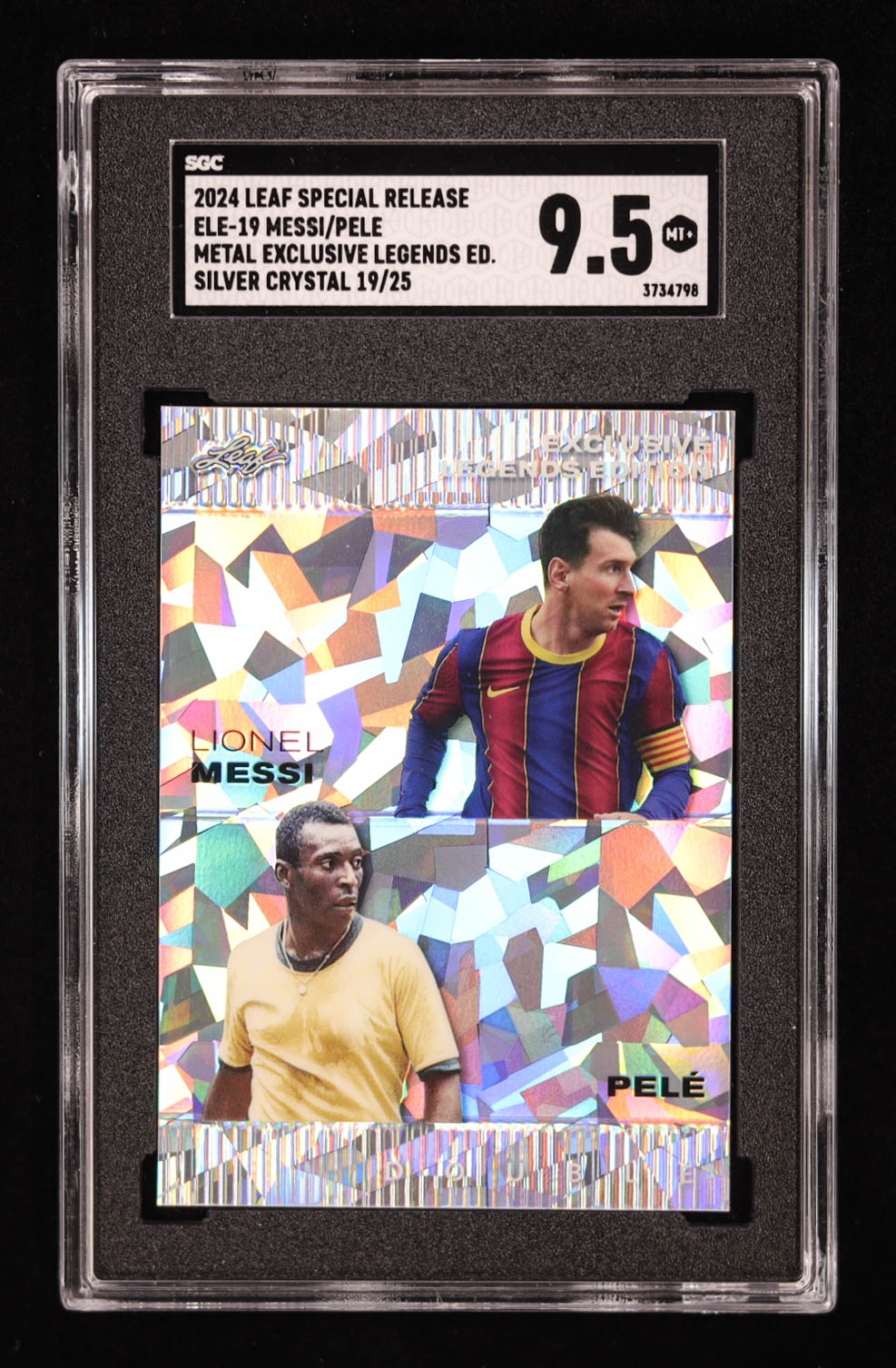Lionel Messi / Pele 2024 Leaf Metal Special Release Exclusive Legends Edition Crystal Silver #ELE19 #/25 (SGC 9.5) at PristineAuction.com Lionel Messi / Pele 2024 Leaf Metal Special Release Exclusive Legends Edition Crystal Silver #ELE19 #/25 (SGC 9.5) at PristineAuction.com
