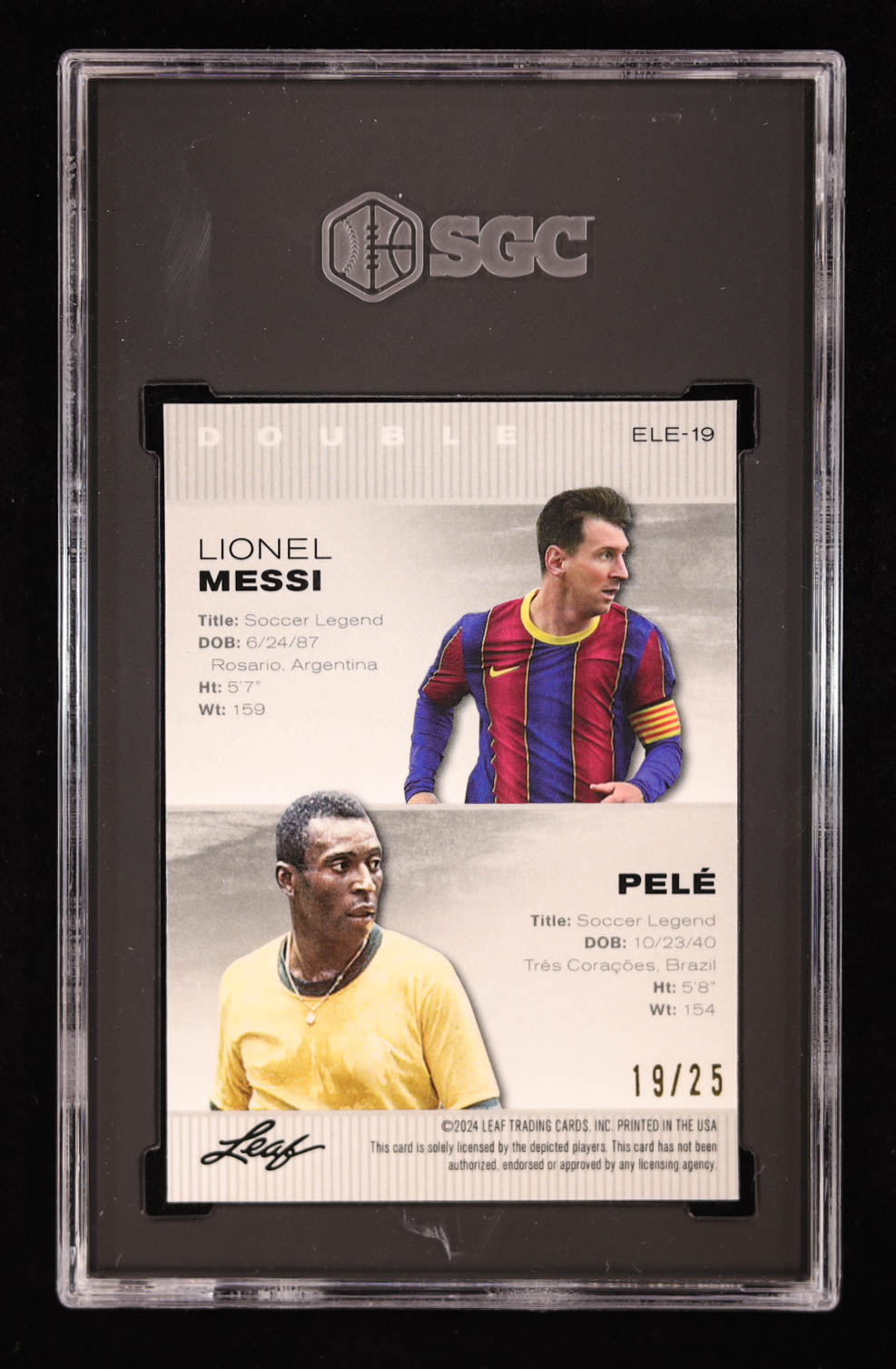 Lionel Messi / Pele 2024 Leaf Metal Special Release Exclusive Legends Edition Crystal Silver #ELE19 #/25 (SGC 9.5) at PristineAuction.com Lionel Messi / Pele 2024 Leaf Metal Special Release Exclusive Legends Edition Crystal Silver #ELE19 #/25 (SGC 9.5) at PristineAuction.com