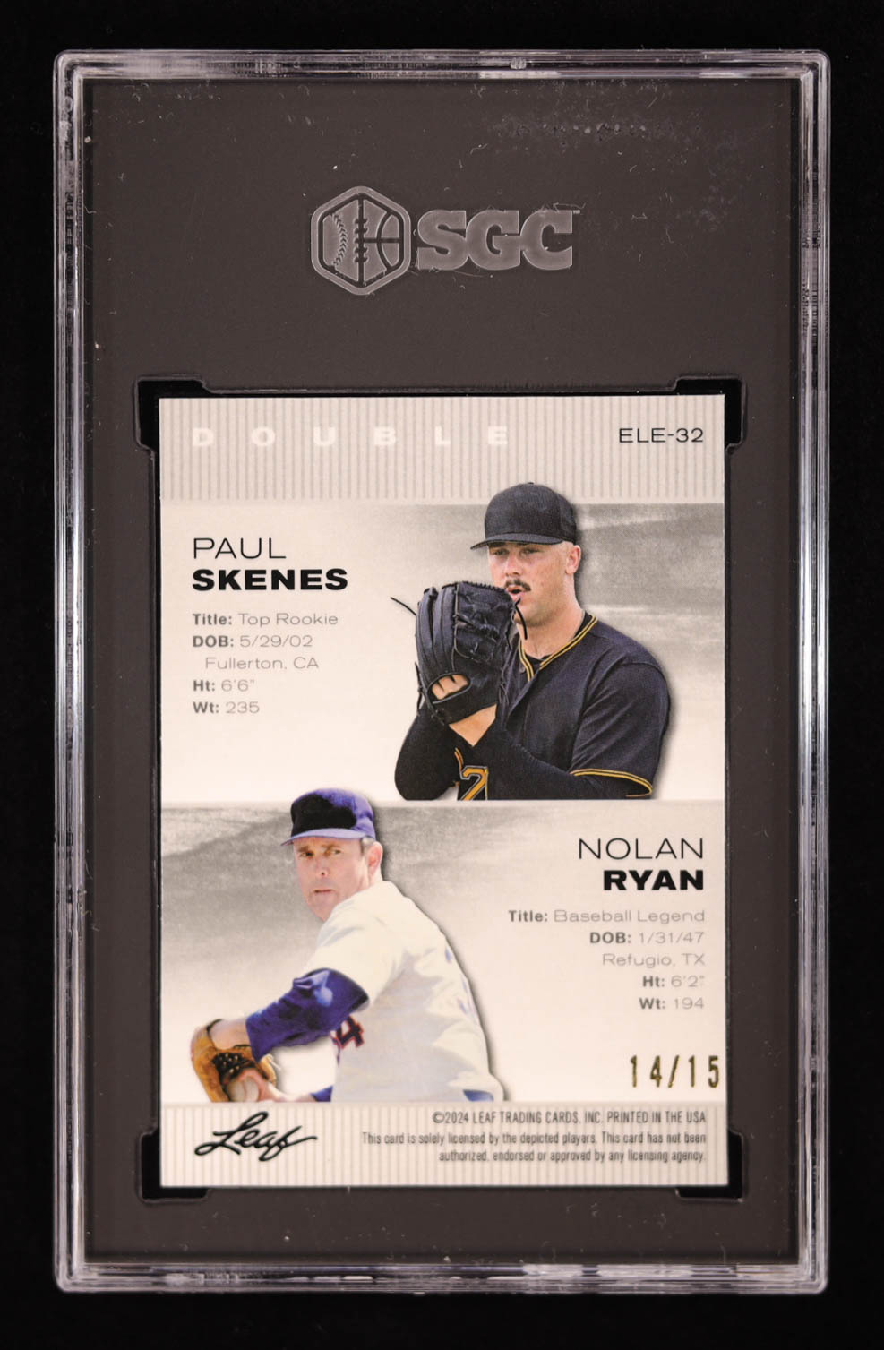 Paul Skenes / Nolan Ryan 2024 Leaf Metal Special Release Exclusive Legends Edition Crystal Purple #ELE32 RC #14/15 (SGC 9) at PristineAuction.com Paul Skenes / Nolan Ryan 2024 Leaf Metal Special Release Exclusive Legends Edition Crystal Purple #ELE32 RC #14/15 (SGC 9) at PristineAuction.com