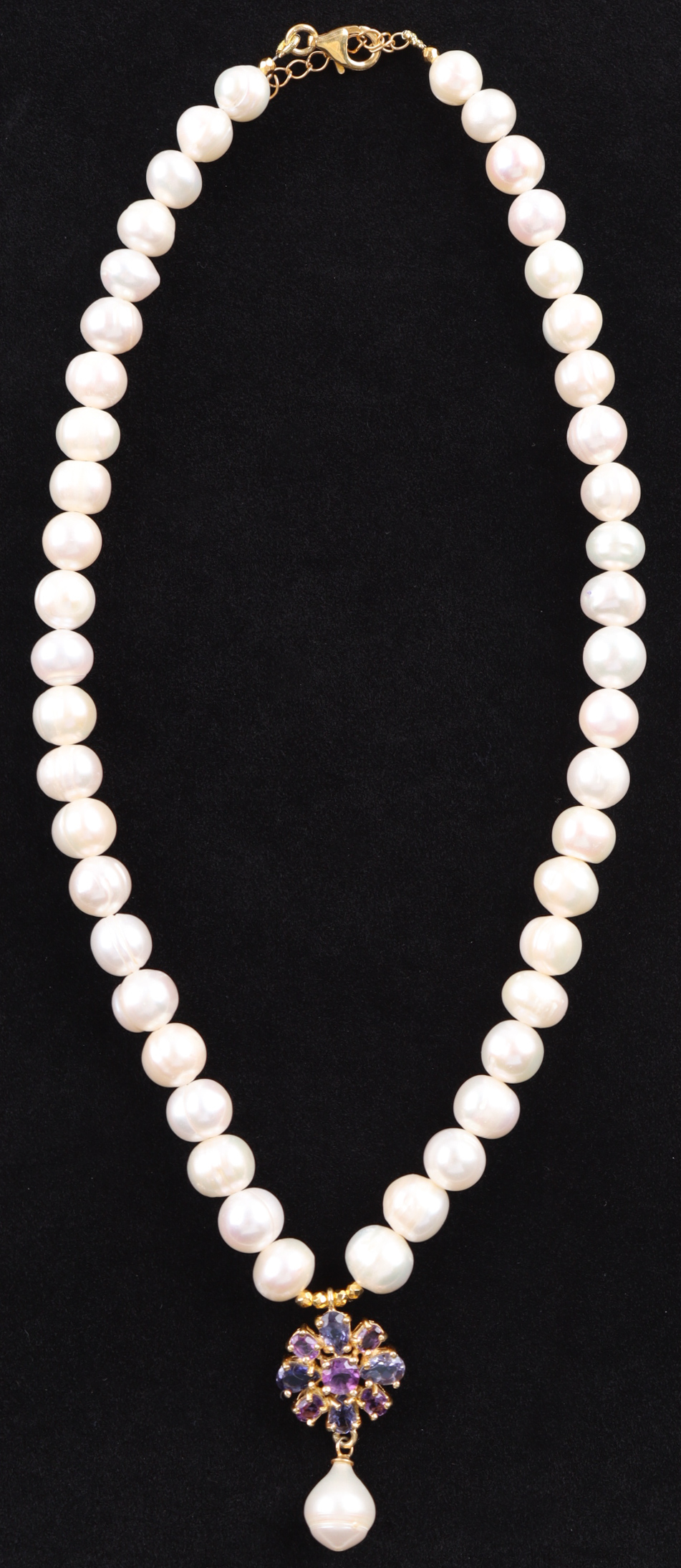 New Freshwater Cultured Pearl Necklace with 2.10 Carats of Amethysts & Iolites | Estimated Retail Value $2,750 (UGL) at PristineAuction.com New Freshwater Cultured Pearl Necklace with 2.10 Carats of Amethysts & Iolites | Estimated Retail Value $2,750 (UGL) at PristineAuction.com