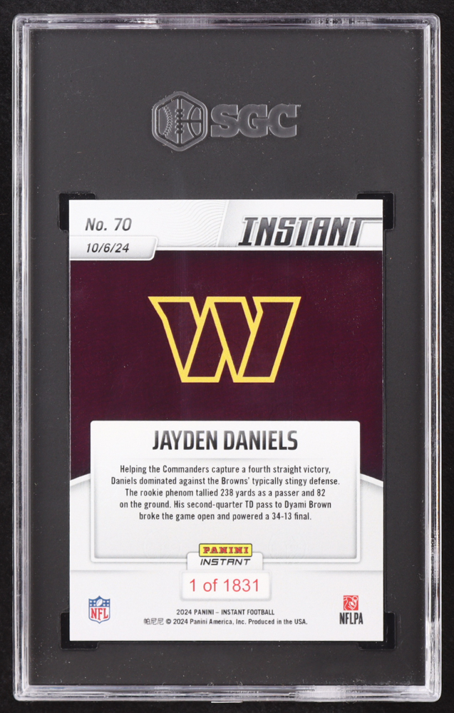 Jayden Daniels 2024 Panini Instant #70 RC (SGC 10) at PristineAuction.com Jayden Daniels 2024 Panini Instant #70 RC (SGC 10) at PristineAuction.com